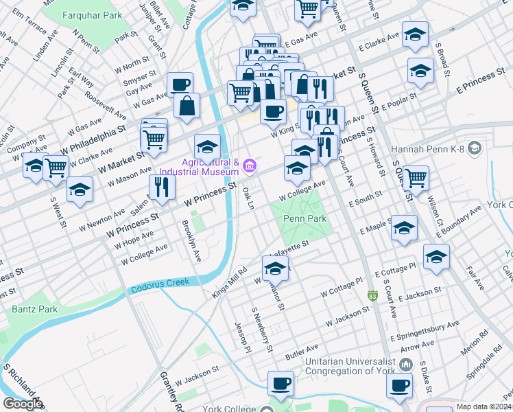 map of restaurants, bars, coffee shops, grocery stores, and more near 217 West College Avenue in York