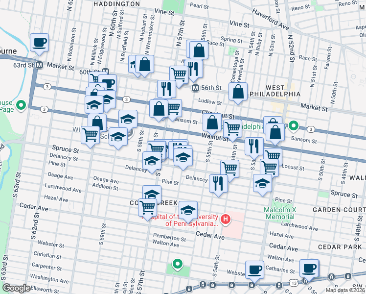map of restaurants, bars, coffee shops, grocery stores, and more near 244 South 56th Street in Philadelphia