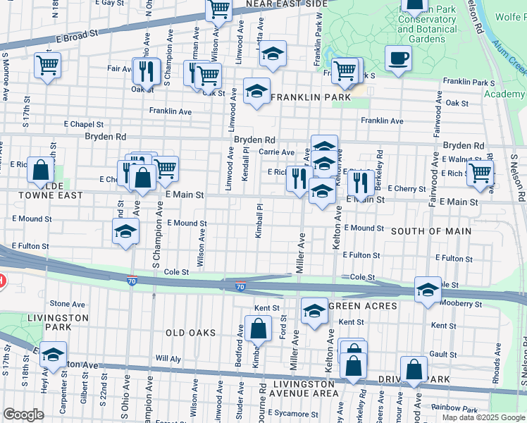 map of restaurants, bars, coffee shops, grocery stores, and more near 452 Kimball Place in Columbus