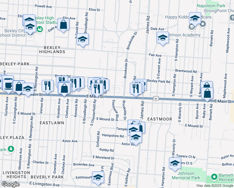 map of restaurants, bars, coffee shops, grocery stores, and more near 3000b East Main Street in Columbus