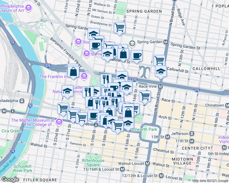 map of restaurants, bars, coffee shops, grocery stores, and more near 1776 Race Street in Philadelphia