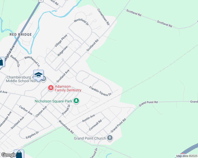 map of restaurants, bars, coffee shops, grocery stores, and more near 523 Franklin Square Drive in Chambersburg