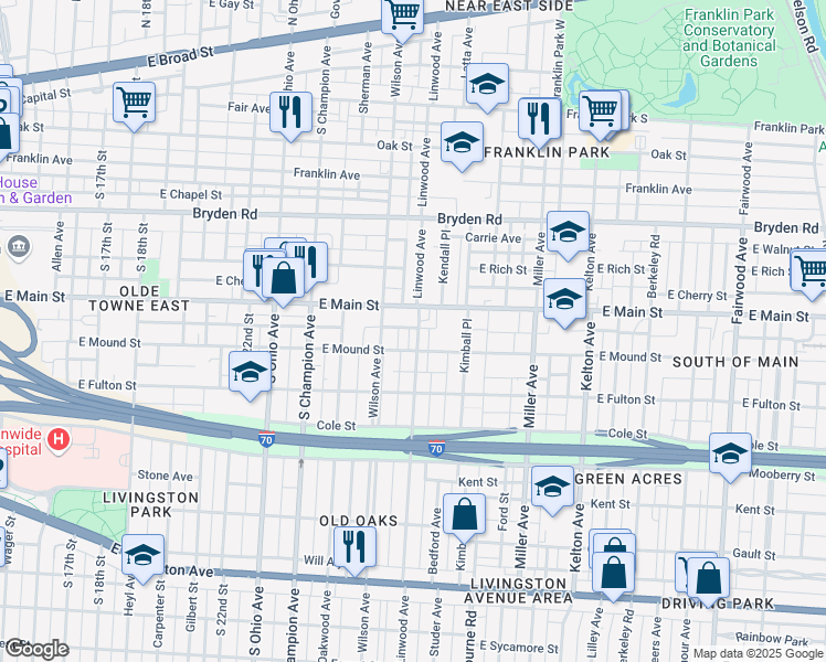 map of restaurants, bars, coffee shops, grocery stores, and more near 439 Linwood Avenue in Columbus