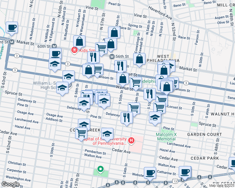 map of restaurants, bars, coffee shops, grocery stores, and more near 5514 Chancellor Street in Philadelphia