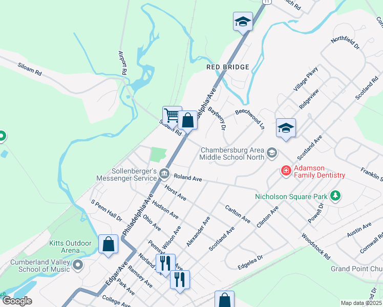 map of restaurants, bars, coffee shops, grocery stores, and more near 1875 Edgar Avenue in Chambersburg