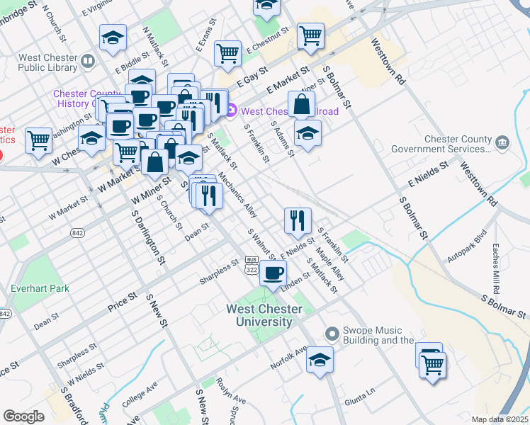 map of restaurants, bars, coffee shops, grocery stores, and more near 424 South Matlack Street in West Chester