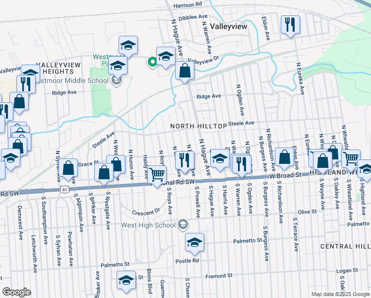 map of restaurants, bars, coffee shops, grocery stores, and more near 101 N Powell Ave in Columbus