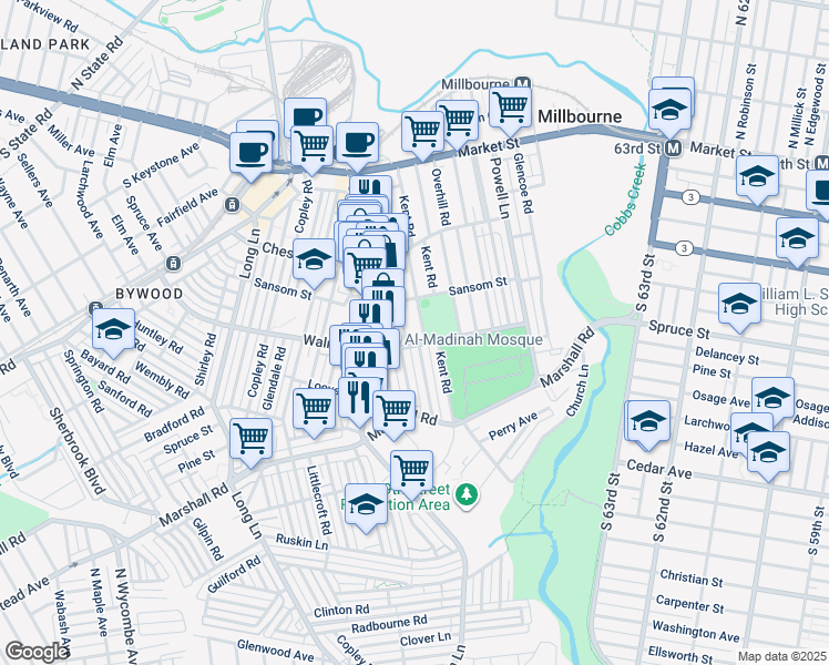 map of restaurants, bars, coffee shops, grocery stores, and more near 142 Heather Road in Delaware County