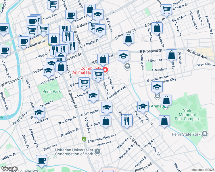 map of restaurants, bars, coffee shops, grocery stores, and more near 244 East Maple Street in York