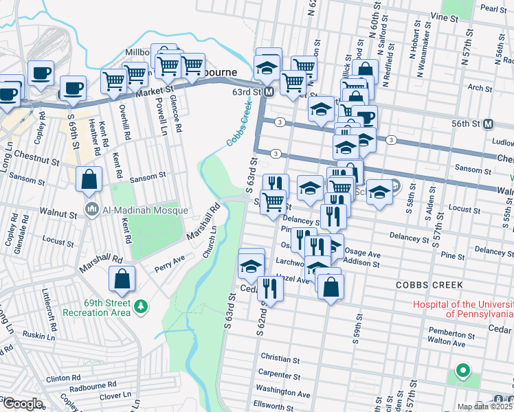 map of restaurants, bars, coffee shops, grocery stores, and more near 305 Cobbs Creek Parkway in Philadelphia
