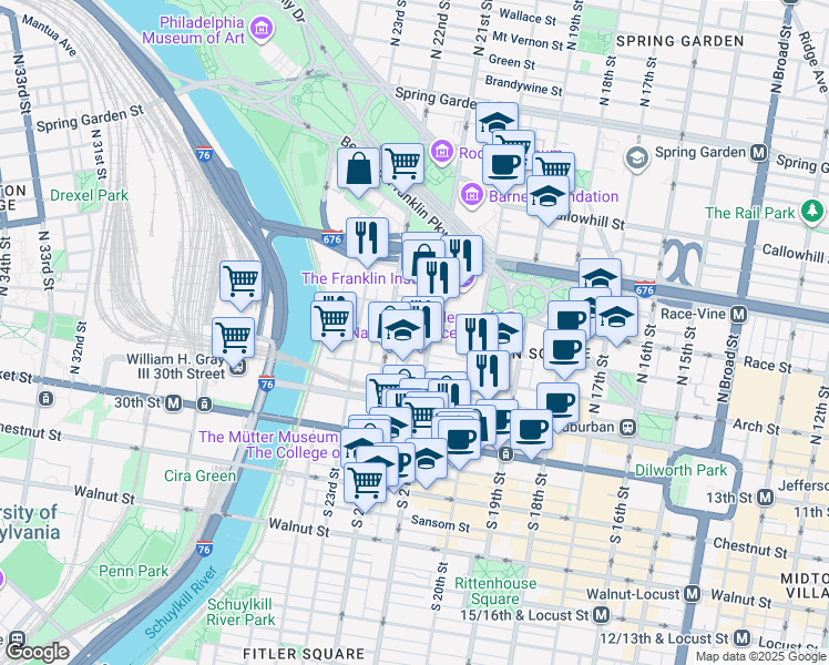map of restaurants, bars, coffee shops, grocery stores, and more near 103 North Van Pelt Street in Philadelphia