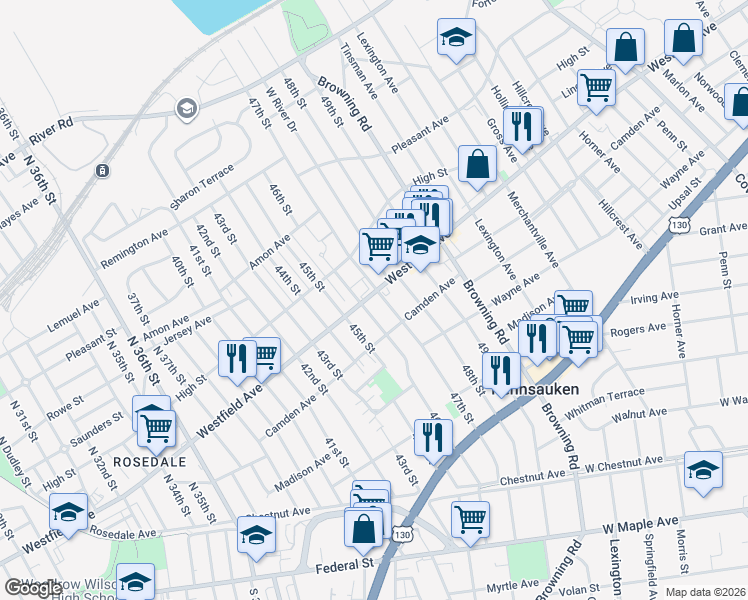 map of restaurants, bars, coffee shops, grocery stores, and more near in Pennsauken Township