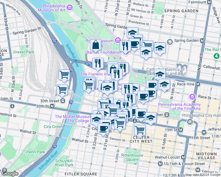 map of restaurants, bars, coffee shops, grocery stores, and more near 103 North Van Pelt Street in Philadelphia