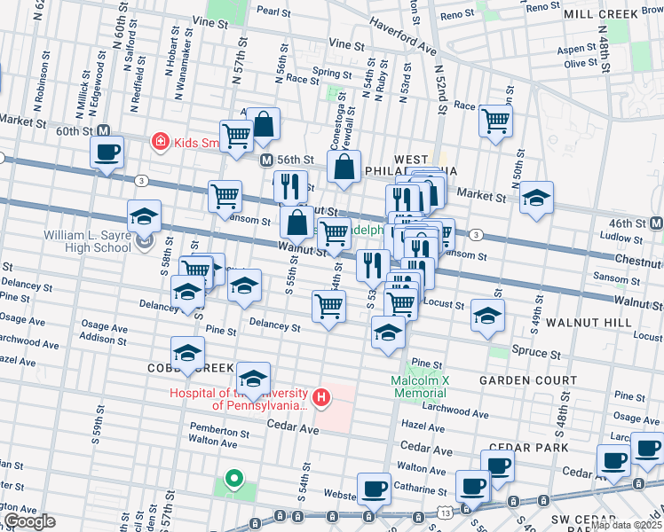 map of restaurants, bars, coffee shops, grocery stores, and more near 5407 Chancellor Street in Philadelphia