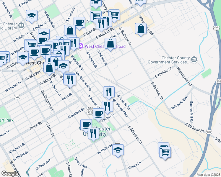 map of restaurants, bars, coffee shops, grocery stores, and more near 502 South Franklin Street in West Chester