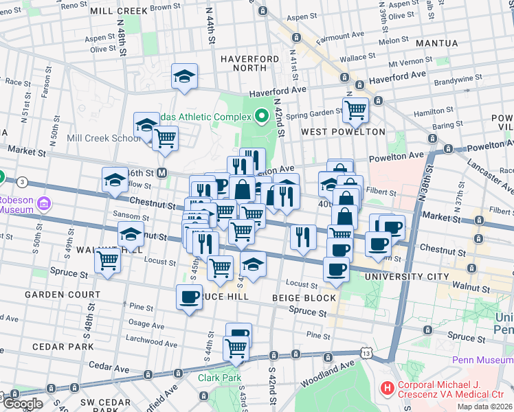 map of restaurants, bars, coffee shops, grocery stores, and more near 24 South 43rd Street in Philadelphia