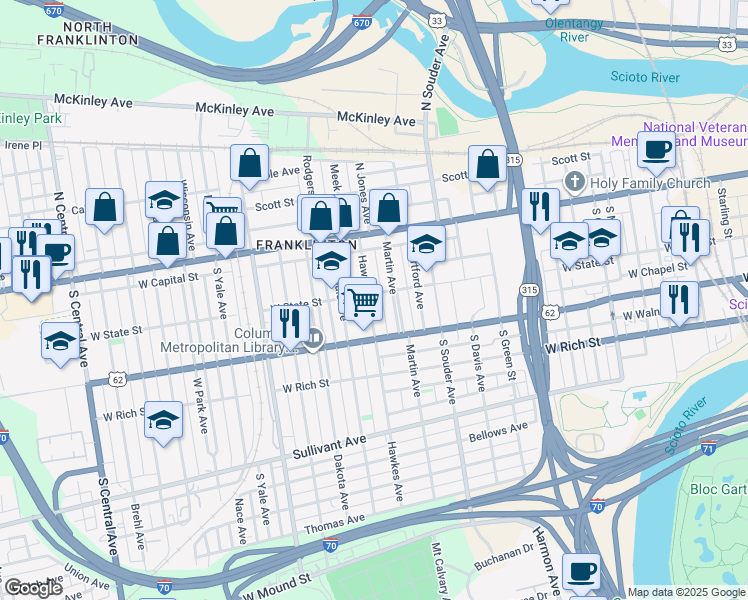 map of restaurants, bars, coffee shops, grocery stores, and more near 108 Hawkes Avenue in Columbus