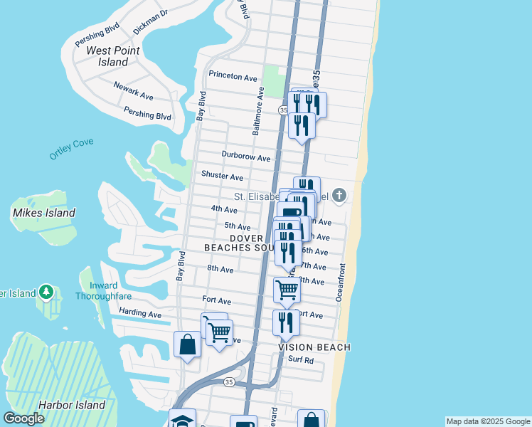 map of restaurants, bars, coffee shops, grocery stores, and more near 1833 Railway Avenue West in Toms River