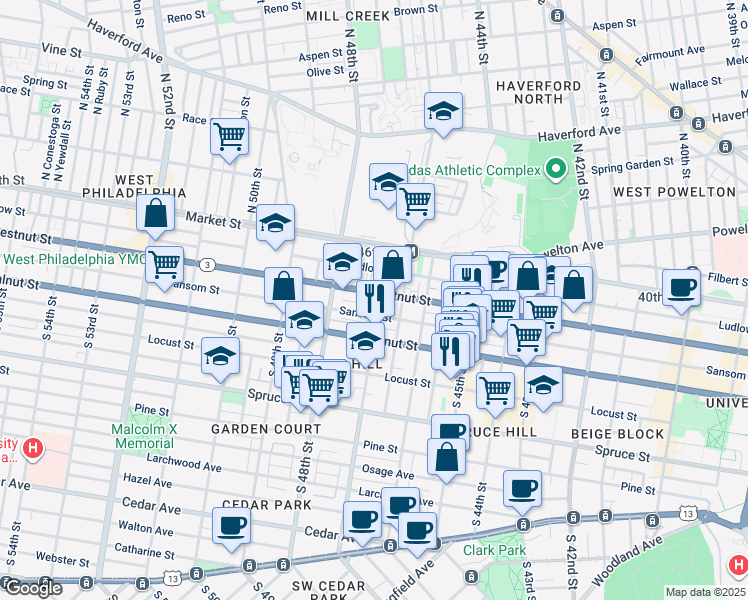 map of restaurants, bars, coffee shops, grocery stores, and more near 4702 Chestnut Street in Philadelphia
