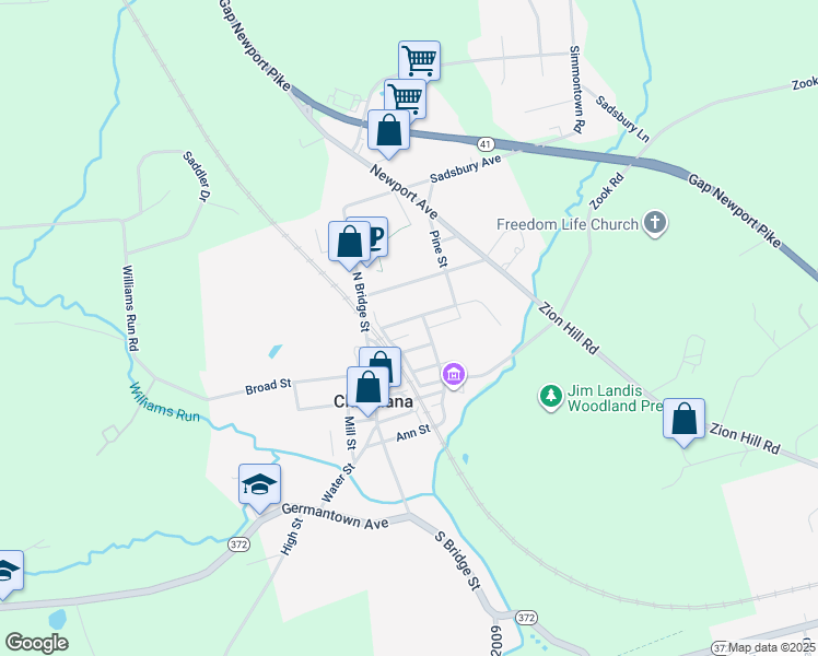 map of restaurants, bars, coffee shops, grocery stores, and more near 24 Elizabeth Street in Christiana