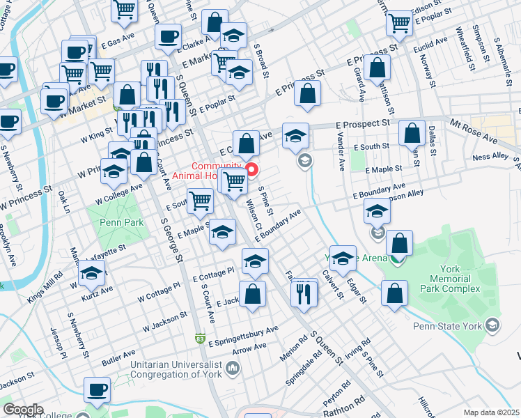 map of restaurants, bars, coffee shops, grocery stores, and more near 250 East Maple Street in York