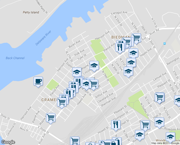 map of restaurants, bars, coffee shops, grocery stores, and more near 1019 North 28th Street in Camden
