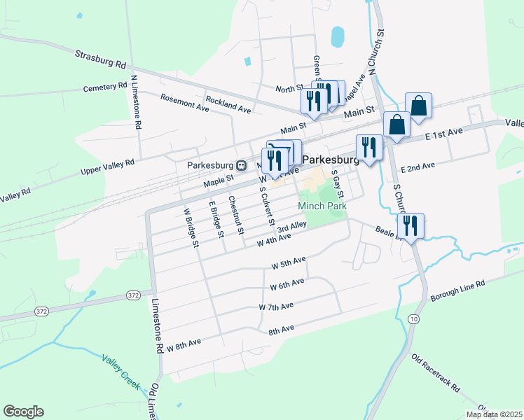map of restaurants, bars, coffee shops, grocery stores, and more near 506 West 2nd Avenue in Parkesburg