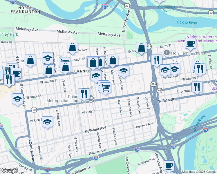 map of restaurants, bars, coffee shops, grocery stores, and more near 108 Hawkes Avenue in Columbus
