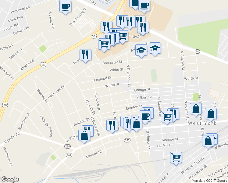 map of restaurants, bars, coffee shops, grocery stores, and more near 1949 Orange Street in York