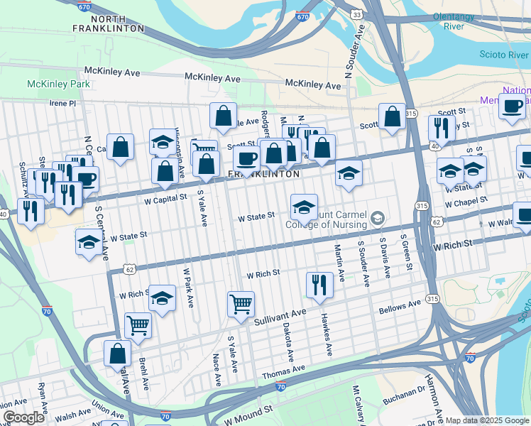 map of restaurants, bars, coffee shops, grocery stores, and more near 93 Dakota Avenue in Columbus