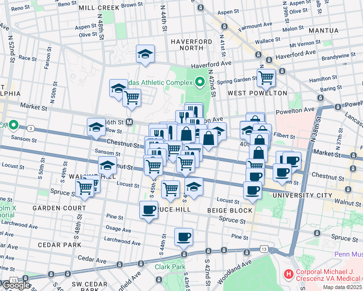 map of restaurants, bars, coffee shops, grocery stores, and more near 25 S 44th St in Philadelphia