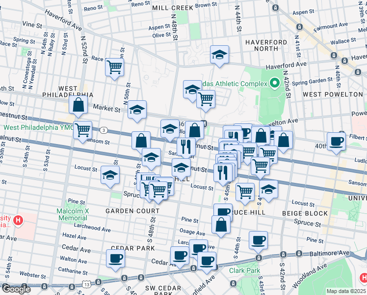 map of restaurants, bars, coffee shops, grocery stores, and more near 4712 Chestnut Street in Philadelphia