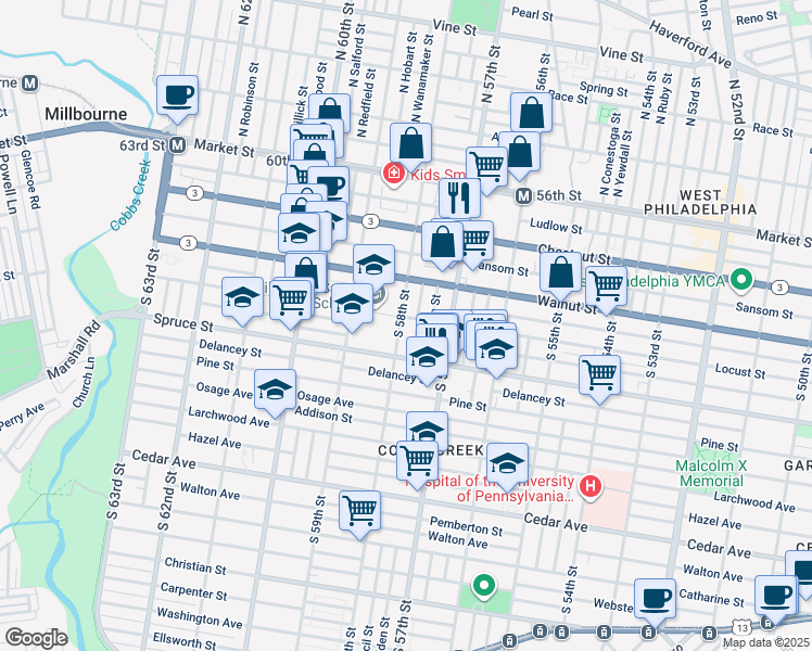 map of restaurants, bars, coffee shops, grocery stores, and more near 249 South 58th Street in Philadelphia