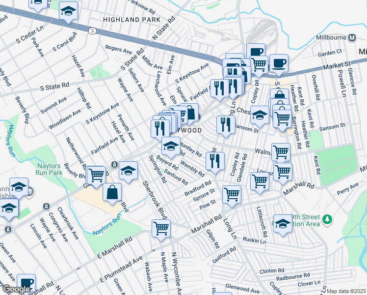 map of restaurants, bars, coffee shops, grocery stores, and more near 228 Copley Road in Delaware County