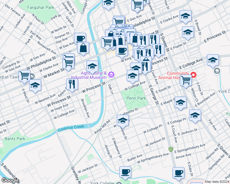 map of restaurants, bars, coffee shops, grocery stores, and more near 215 West College Avenue in York
