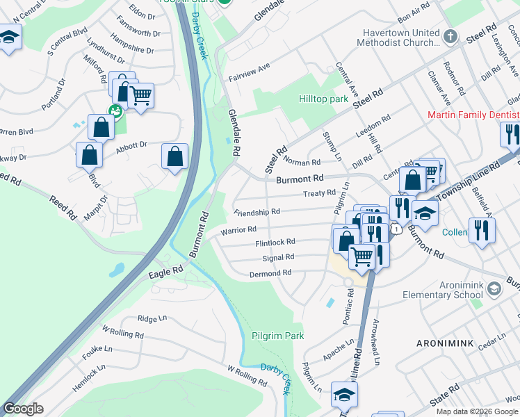 map of restaurants, bars, coffee shops, grocery stores, and more near 205 Friendship Road in Drexel Hill