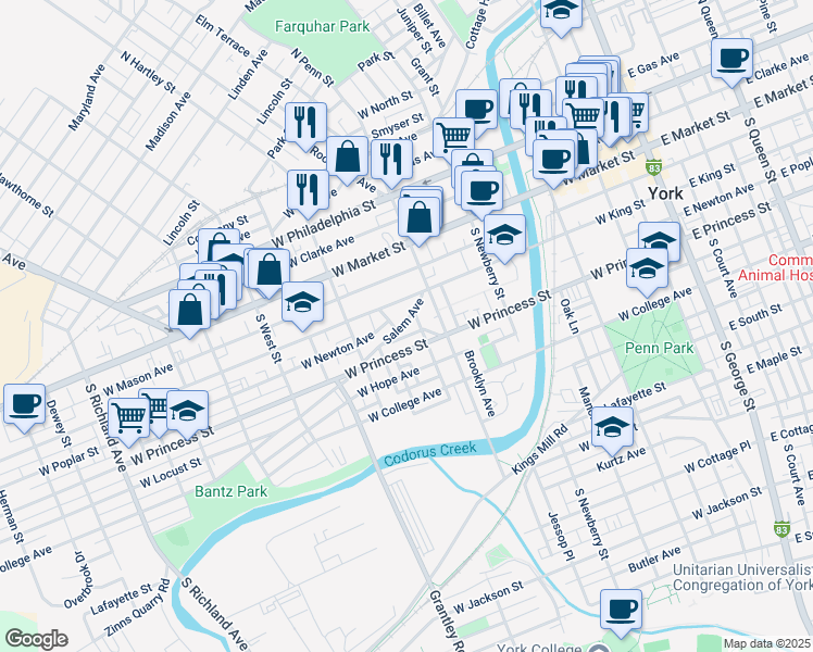 map of restaurants, bars, coffee shops, grocery stores, and more near 442 Salem Avenue in York