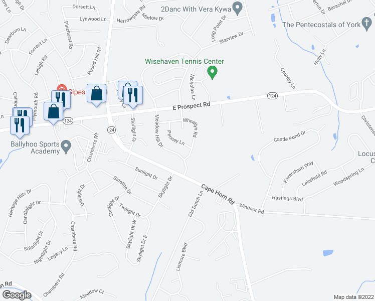 map of restaurants, bars, coffee shops, grocery stores, and more near 3130 Wheatlyn Road in York