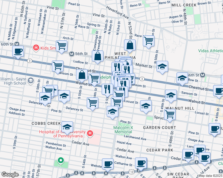 map of restaurants, bars, coffee shops, grocery stores, and more near 5256 Walnut St in Philadelphia