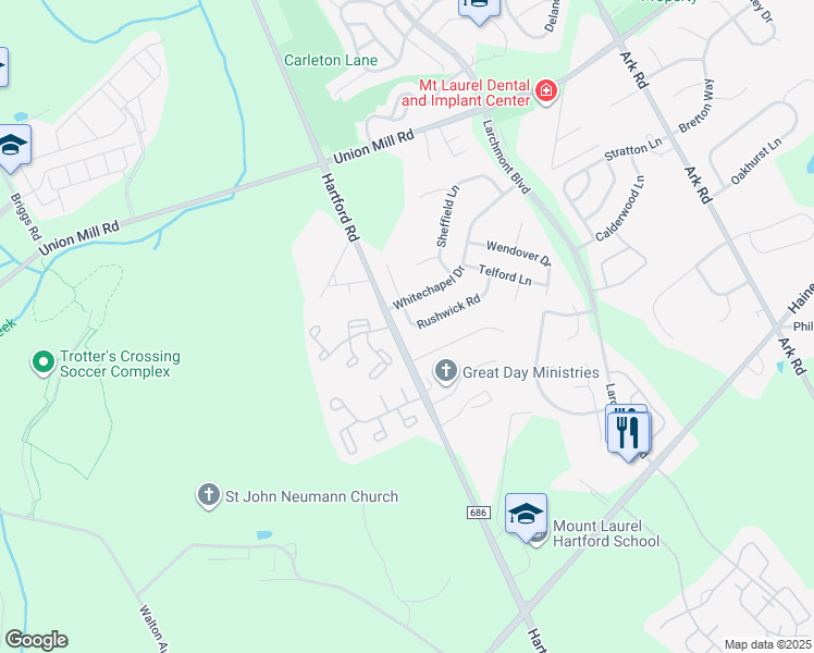 map of restaurants, bars, coffee shops, grocery stores, and more near 5 Rushwick Road in Mount Laurel Township
