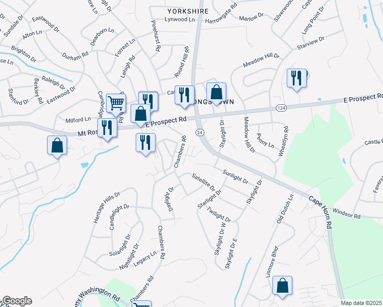 map of restaurants, bars, coffee shops, grocery stores, and more near 1164 Blue Bird Lane in York