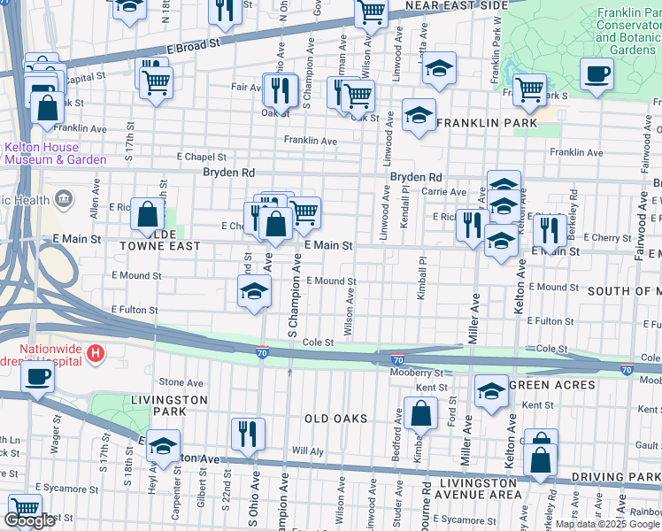 map of restaurants, bars, coffee shops, grocery stores, and more near 1179 East Main Street in Columbus