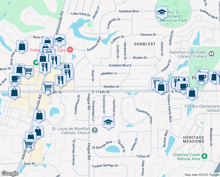 map of restaurants, bars, coffee shops, grocery stores, and more near 7669 Madden Drive in Fishers