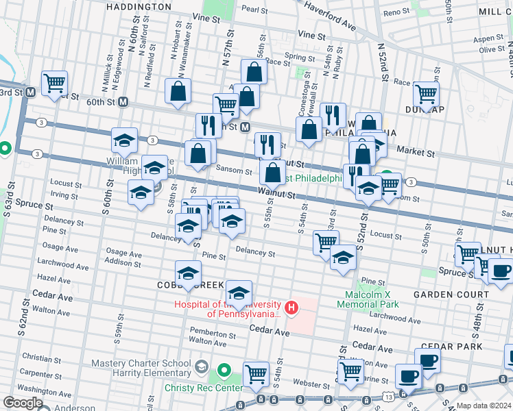 map of restaurants, bars, coffee shops, grocery stores, and more near 5524 Chancellor Street in Philadelphia