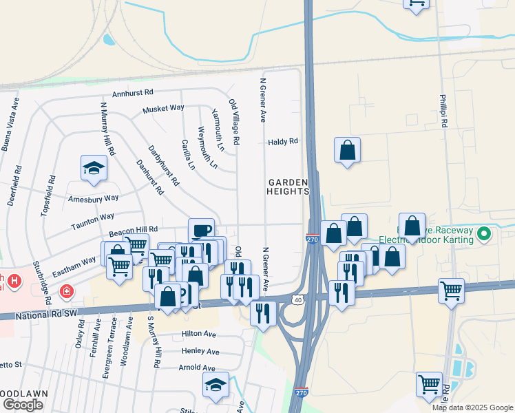 map of restaurants, bars, coffee shops, grocery stores, and more near 211 North Grener Avenue in Columbus