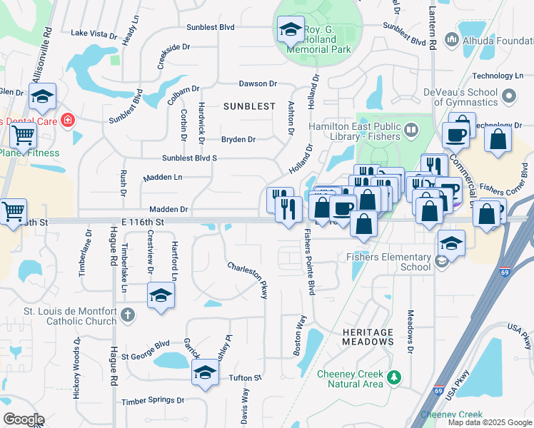 map of restaurants, bars, coffee shops, grocery stores, and more near 8210 East 116th Street in Fishers