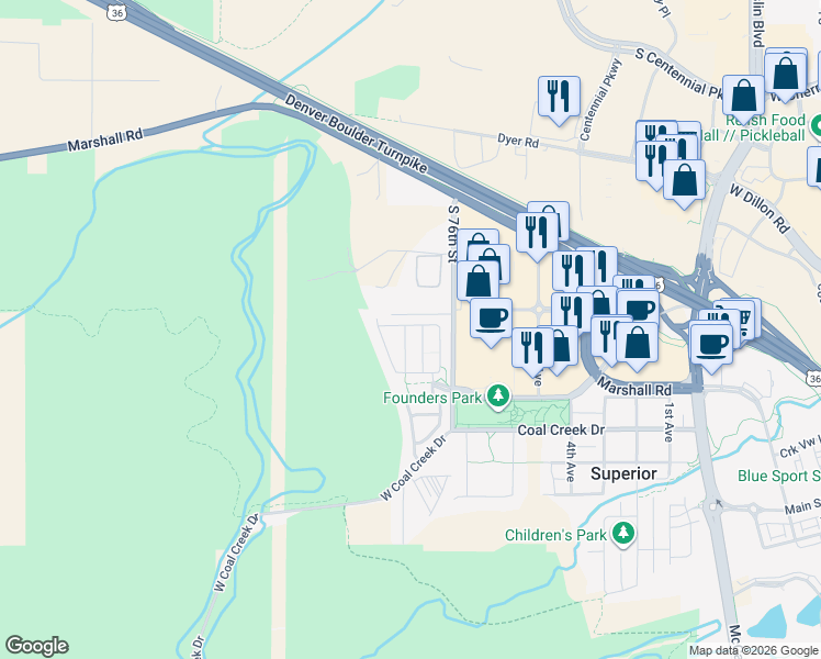 map of restaurants, bars, coffee shops, grocery stores, and more near 372 Shawnee Lane in Superior
