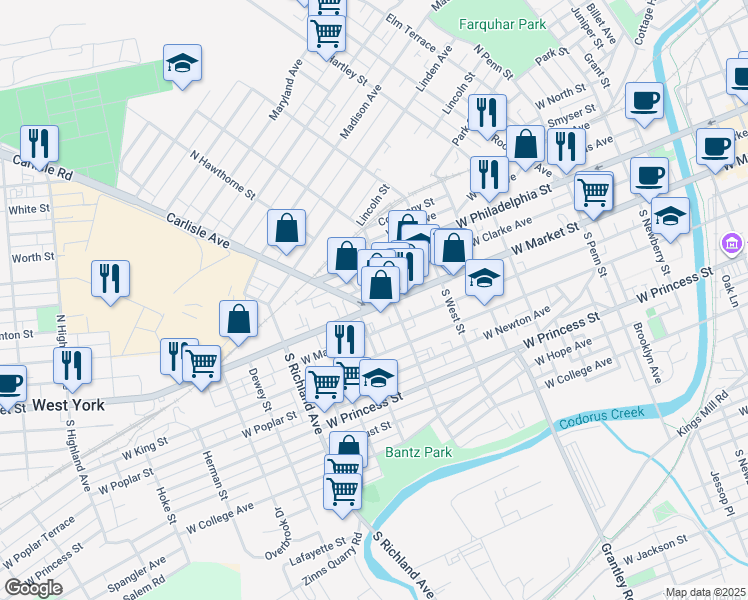 map of restaurants, bars, coffee shops, grocery stores, and more near 717 West Market Street in York
