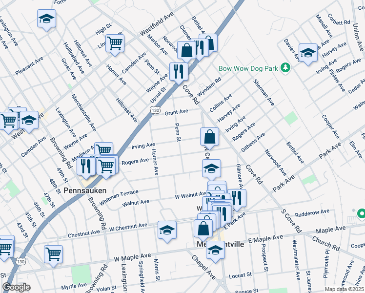 map of restaurants, bars, coffee shops, grocery stores, and more near 2916 Penn Street in Pennsauken Township