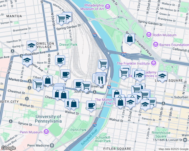 map of restaurants, bars, coffee shops, grocery stores, and more near 601 North 30th Street in Philadelphia